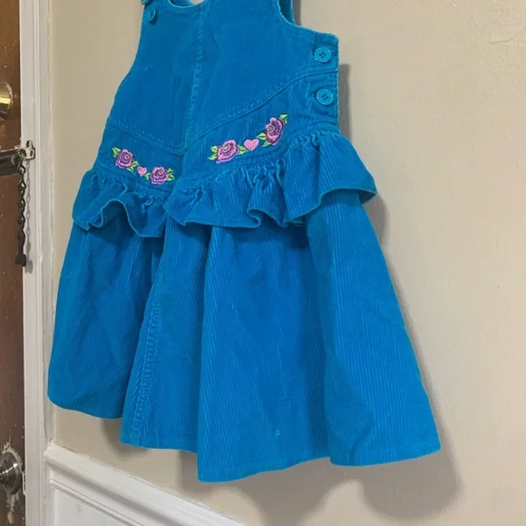 Vintage 1989 Raggedy Ann Blue Corduroy Jumper Dress 6x Bow Floral  Embroidered